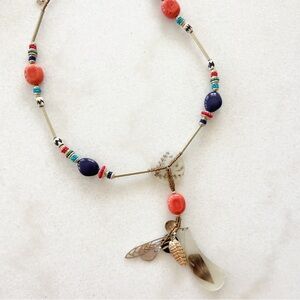 Chico’s Long Feather Pendant Mixed Stone Gold Necklace Navy Coral Turquoise